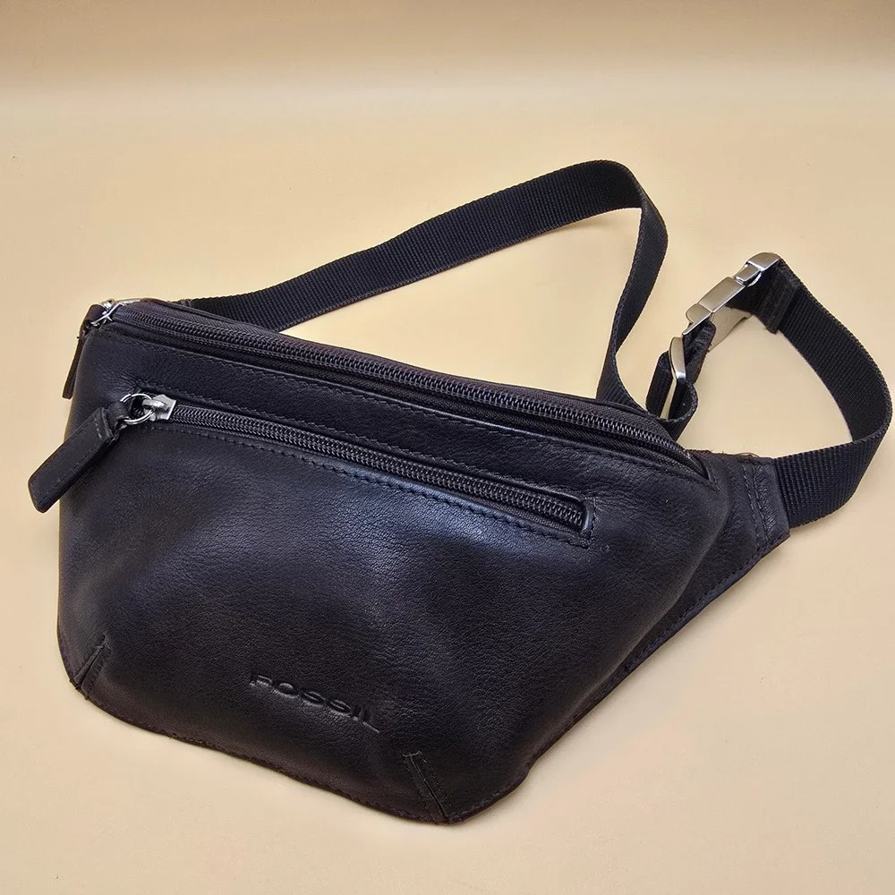 Fossil Womens Leather Belt Bag Waist Pack Dark Brown  Strap Zip Pockets